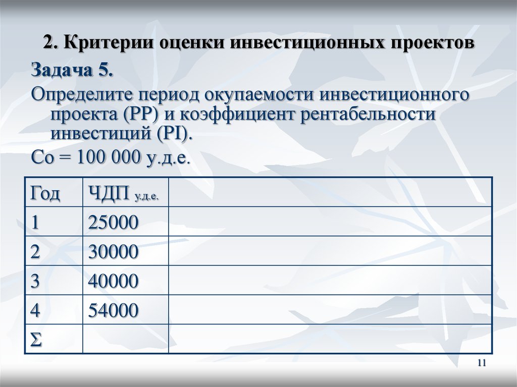 Задачи инвестиционных проектов