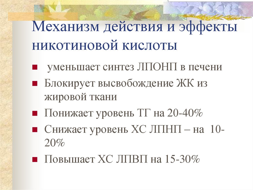 Действие кислоты. Никотиновая кислота механизм действия. Никотиновая кислота эффект. Механизм гиполипидемического действия никотиновой кислоты. Препараты никотиновой кислоты механизм действия.