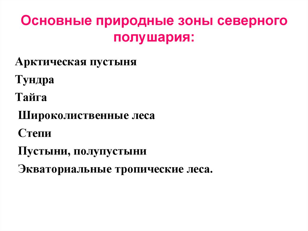 Природные зоны северного полушария. Основные природные зоны. Важнейшие природные зоны. Основные природные зоны Южного полушария.