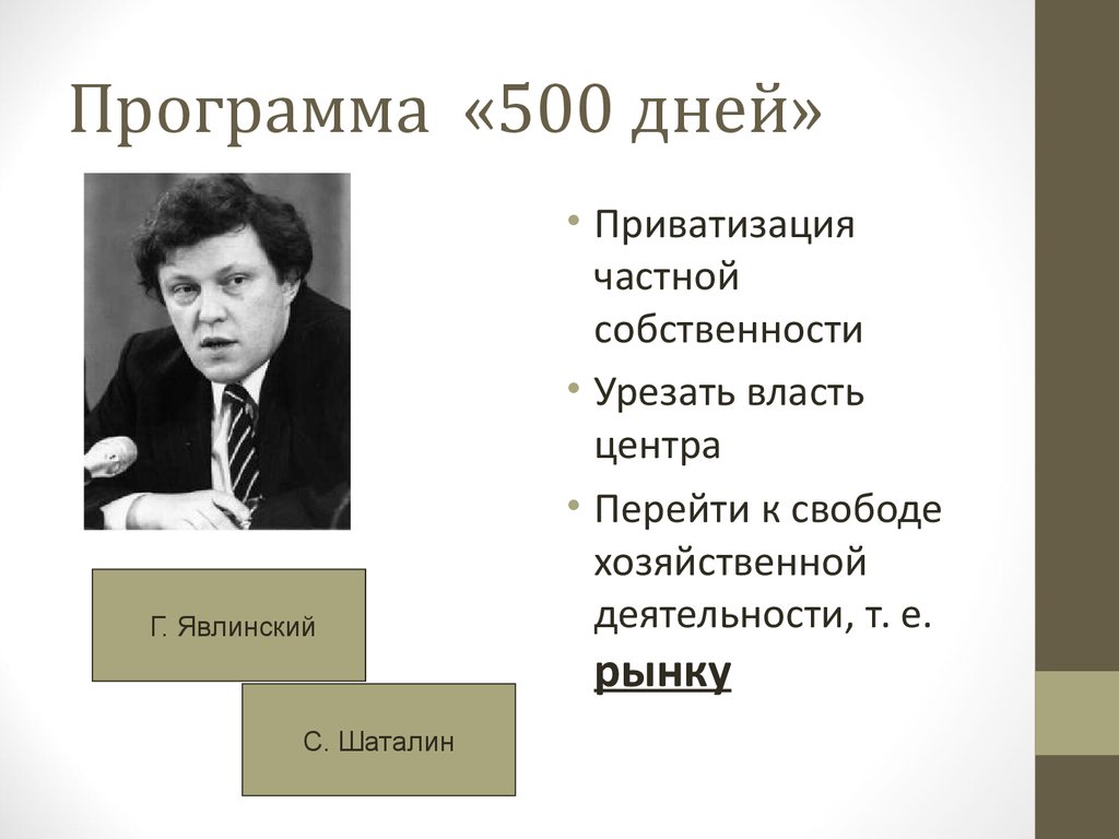 Результат 500 дней. 500 Дней Явлинского. 500 Дней Шаталина Явлинского кратко. План Явлинского 500 дней.