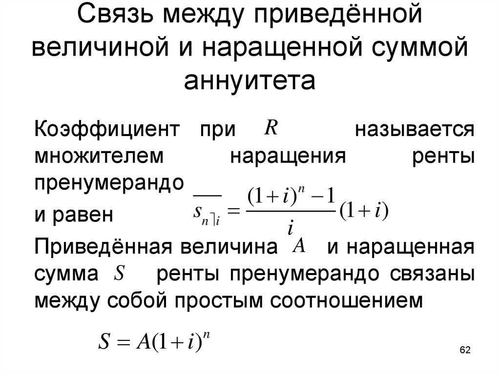 Расчет будущего. Наращенная сумма ренты пренумерандо. Коэффициент наращения. Формула аннуитета. Коэф аннуитета.