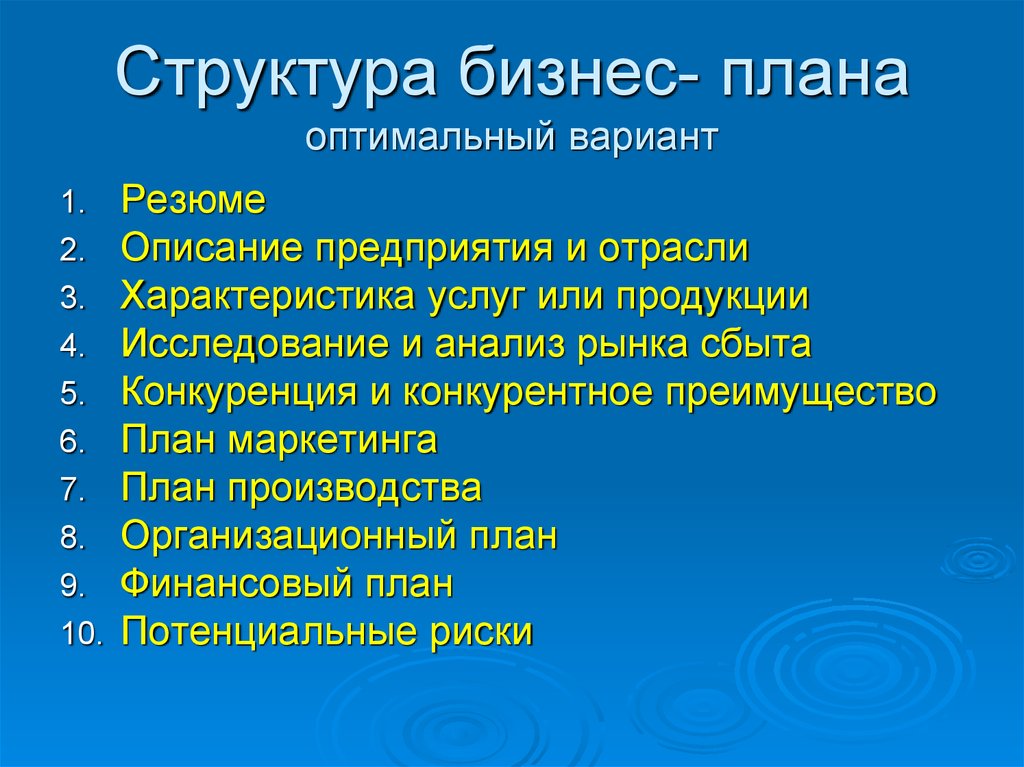 Структура бизнес плана и краткая характеристика разделов