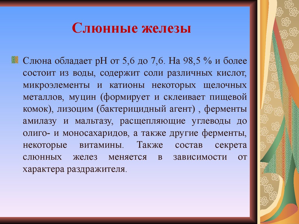 Обладать слюна. Сок слюнных желез углеводы.