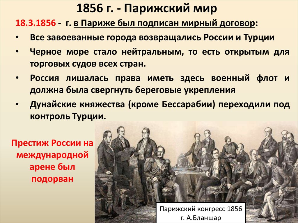 Мир заключат на условиях россии. Парижский Мирный договор 1856.