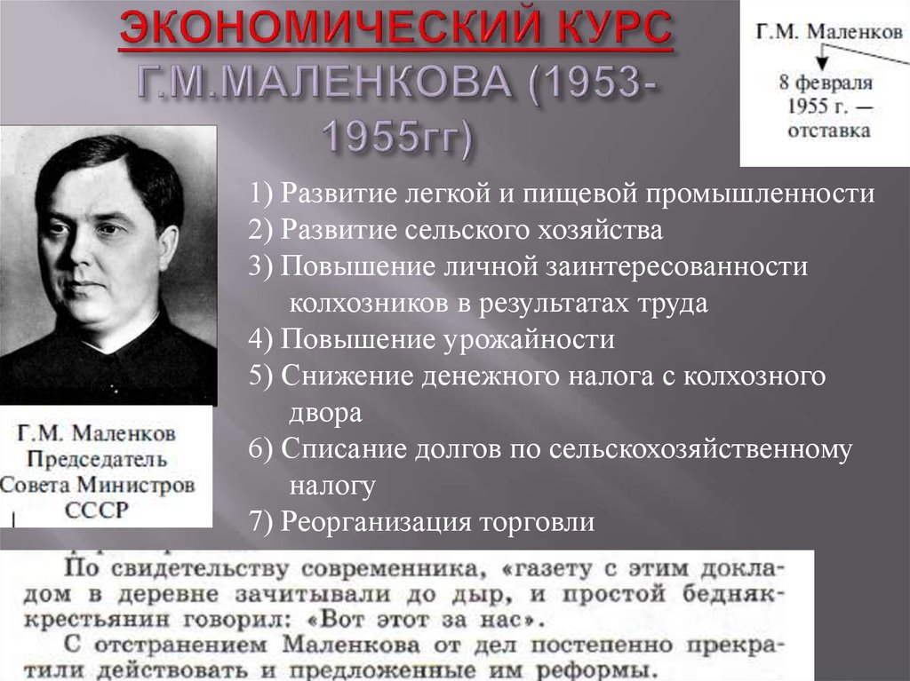 Действовала предложенной. Маленков 1953–1955. Маленков Георгий экономический курс. Экономическая реформа Маленкова. Экономическая программа Маленкова.