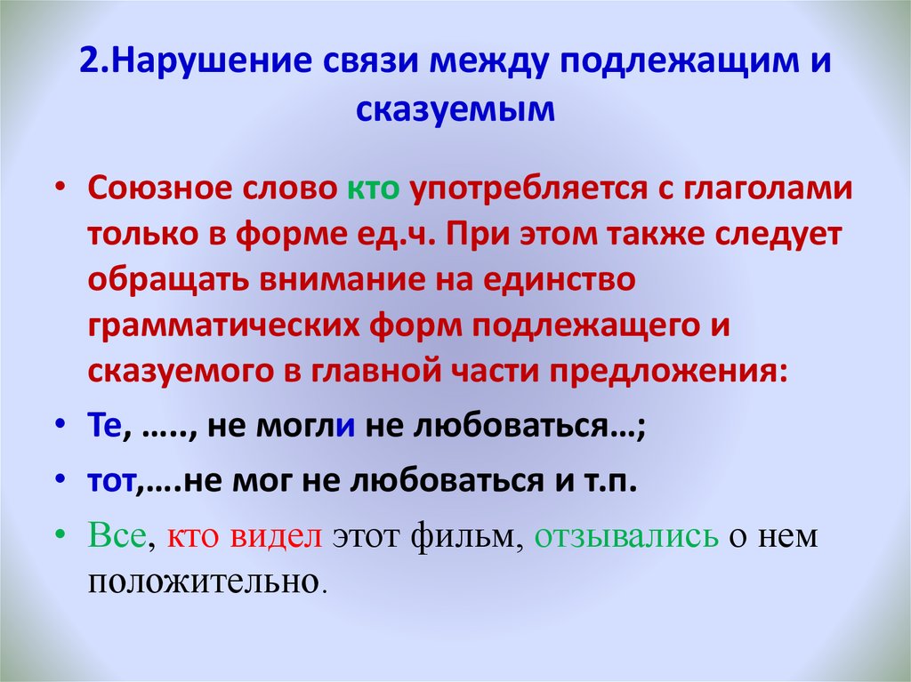 Нарушение связи между подлежащим и сказуемым. Нарушение связи управления