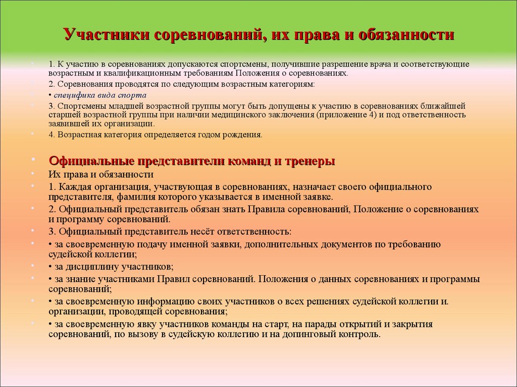 Вид и участники соревнований. Права участников соревнований. Права и обязанности участников соревнований. Обязательства участников соревнований. Участник соревнований имеет право?.