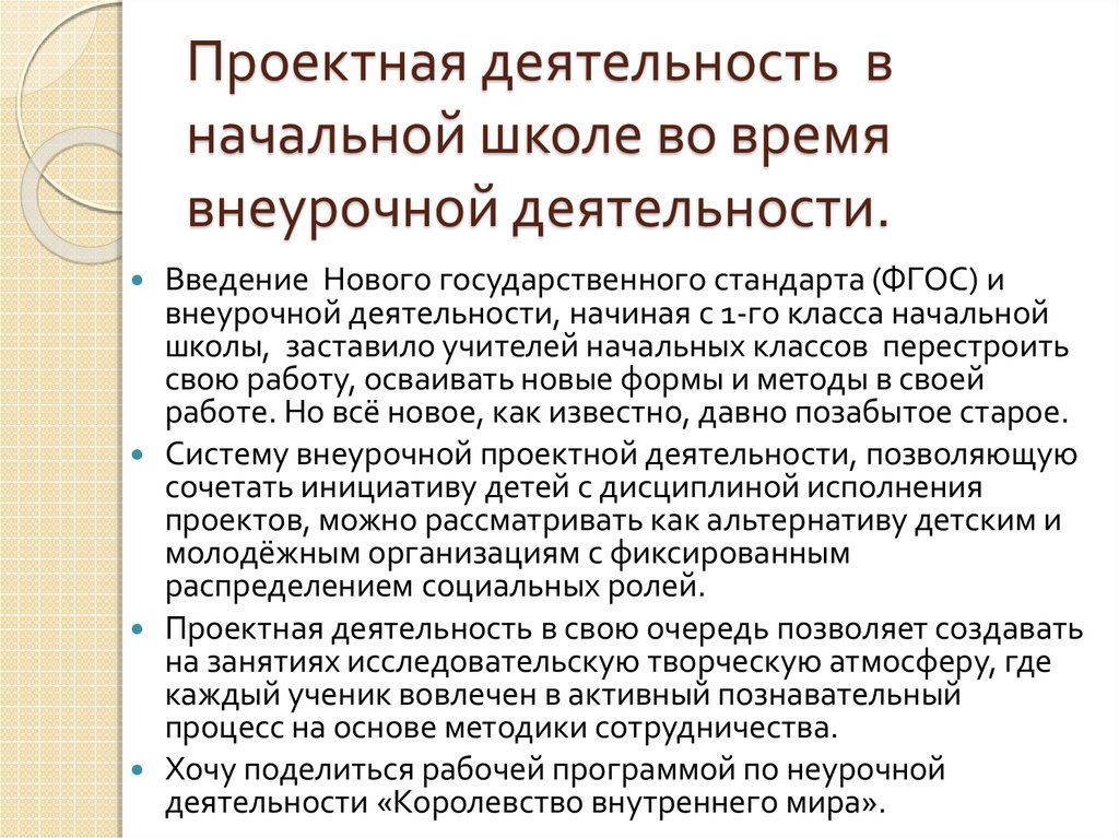 Проектная деятельность  в начальной школе во время внеурочной деятельности.