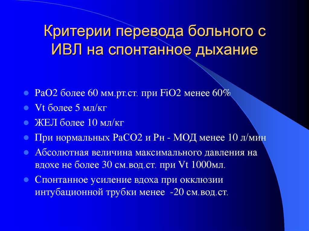 Больной перевод. Критерии для перевода пациента на ИВЛ. Критерии перевода больного на ИВЛ. Спонтанное дыхание на ИВЛ что это. Критерии перевода.