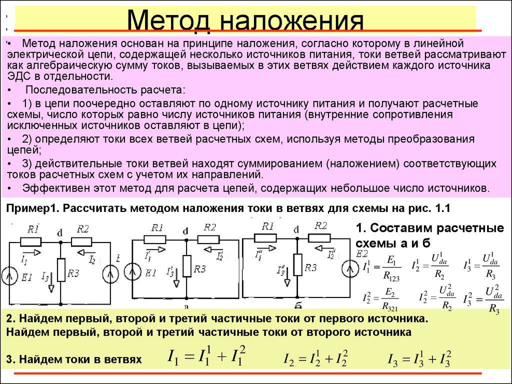 Четыре источника. Метод наложения для расчета электрических цепей. Метод наложения ТОЭ. Алгоритм расчета электрической цепи методом наложения. Решение задач методом наложения токов.