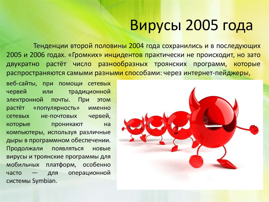 Компьютерные вирусы презентация. Компьютерные вирусы 2005 года. Презентация Эволюция вирусов. 2005 Год какой был вирус. Презентация история развития компьютерных вирусов.