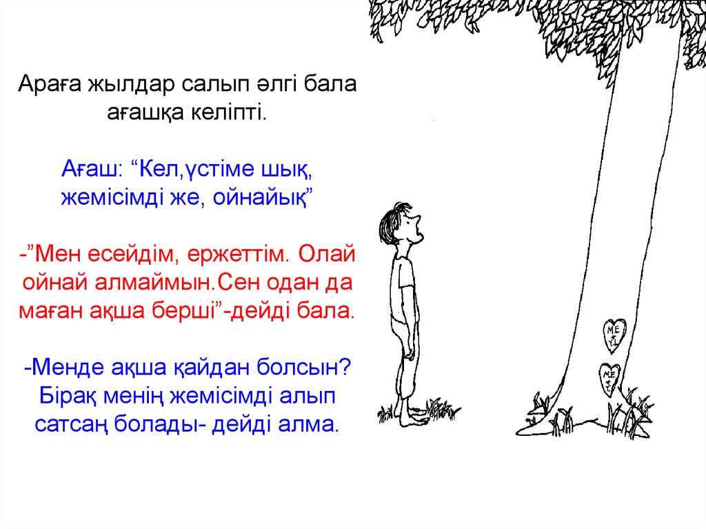 Араға жылдар салып әлгі бала ағашқа келіпті. Ағаш: “Кел,үстіме шық, жемісімді же, ойнайық” -”Мен есейдім, ержеттім. Олай ойнай алмаймын.Сен 