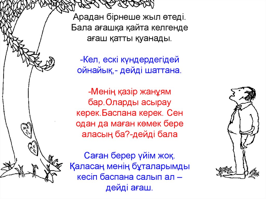 Арадан бірнеше жыл өтеді. Бала ағашқа қайта келгенде ағаш қатты қуанады. -Кел, ескі күндердегідей ойнайық,- дейді шаттана. -Менің қазір жанұя