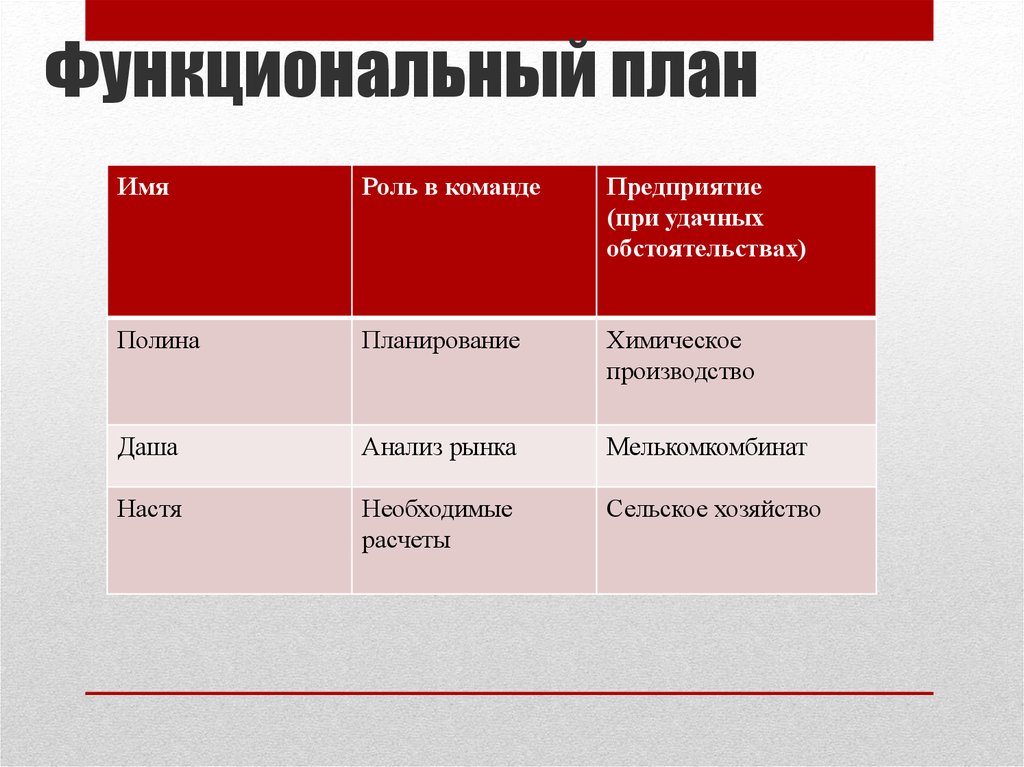 Функциональные планы по направлениям