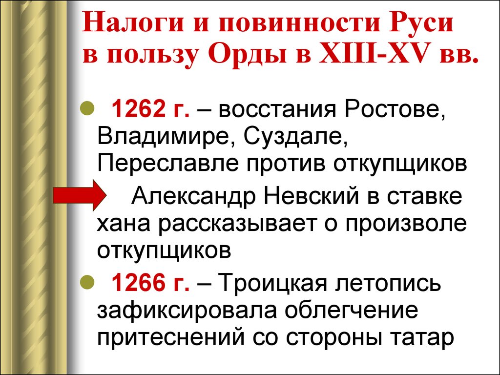 Повинности орде. 1262 Восстание в Суздале. Восстание 1262. Налоги золотой орды. Повинности русских земель в пользу орды?.