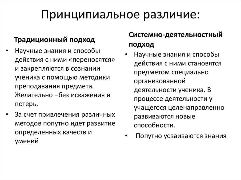 Принципиальная разница. Традиционный подход и деятельностный подход. Традиционный подход и системный деятельностный подход разница. Раница в традиционном и деятельностном подходах. Отличия системного и деятельностного подхода.