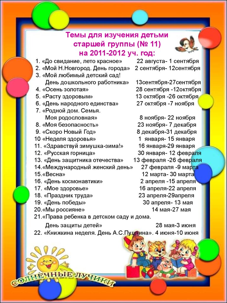 Темы для изучения детьми старшей группы №11 на 2011-2012 учебный год -  презентация онлайн