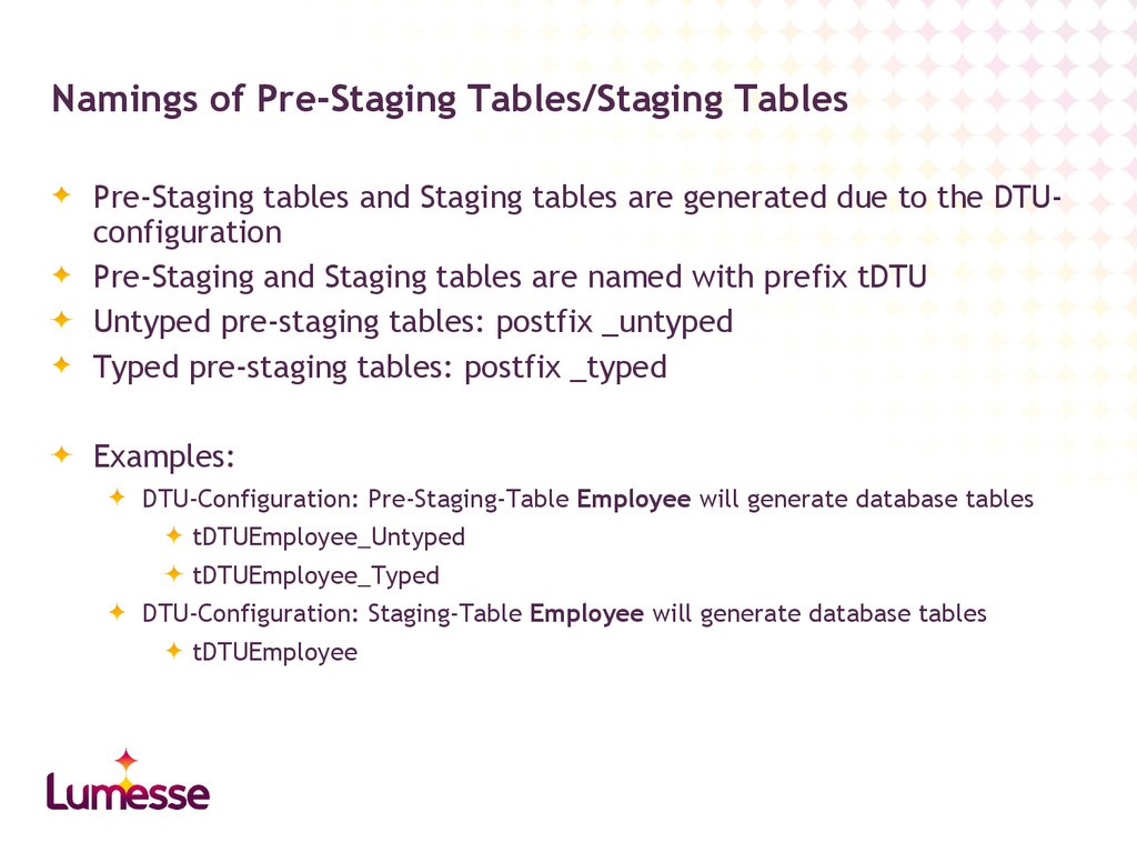 Namings of Pre-Staging Tables/Staging Tables