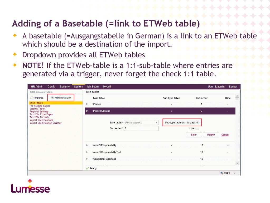 Adding of a Basetable (=link to ETWeb table)