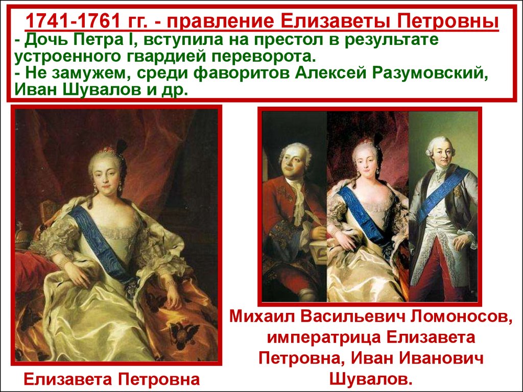 Роль фаворитов в дворцовых переворотах. Правление Елизаветы Петровны 1741-1761. 1741-1761 Правление.