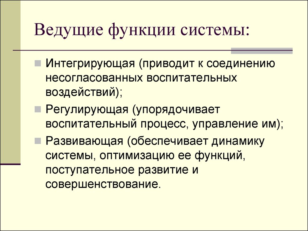 Функции воспитательной системы. Функции ведущего. Подсистемы школы. Ведущая функция текста.