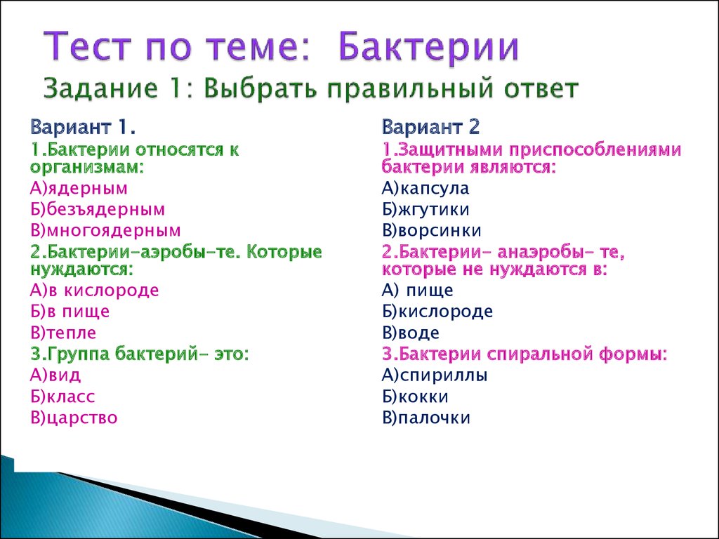 Тест по биологии по теме бактерии