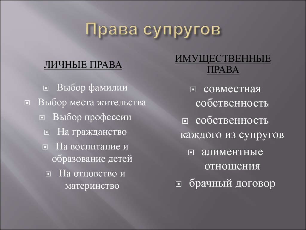 Личные права супругов схема