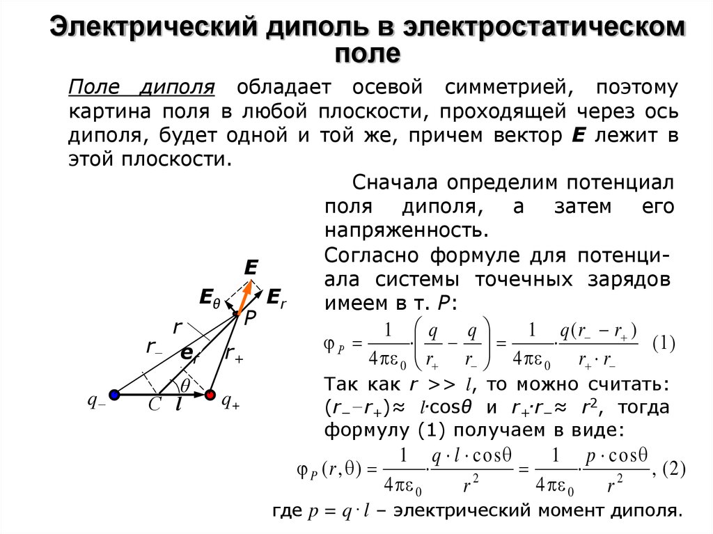 Электростатическое поле образовано зарядом 1 7. Электрический диполь поле диполя. Напряженность диполя формула. Электрический момент диполя формула. Напряженность поля диполя формула.