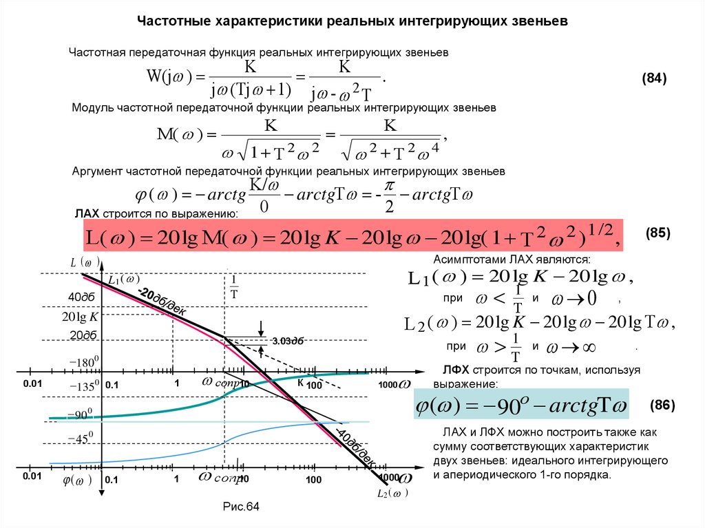 Реальные характеристики. Передаточная функция интегратора ЛАЧХ ЛФЧХ. ЛФЧХ системы с передаточной функцией апериодического звена. Логарифмические частотные характеристики интегрирующего звена. Передаточная функция интегрирующего звена.