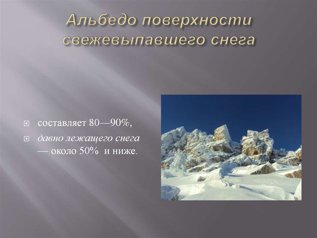 Составляющая снега. Альбедо свежевыпавшего снега. Альбедо снежного Покрова. Альбедо земной поверхности. Альбедо поверхности.