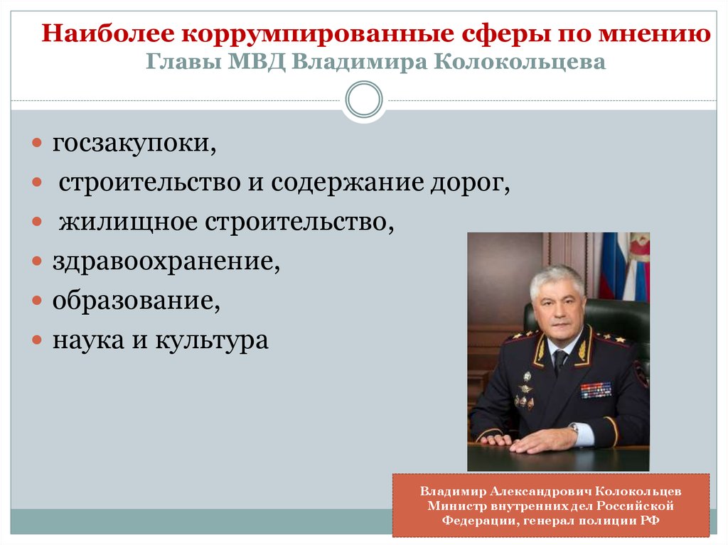 Наиболее коррумпированные сферы по мнению Главы МВД Владимира Колокольцева