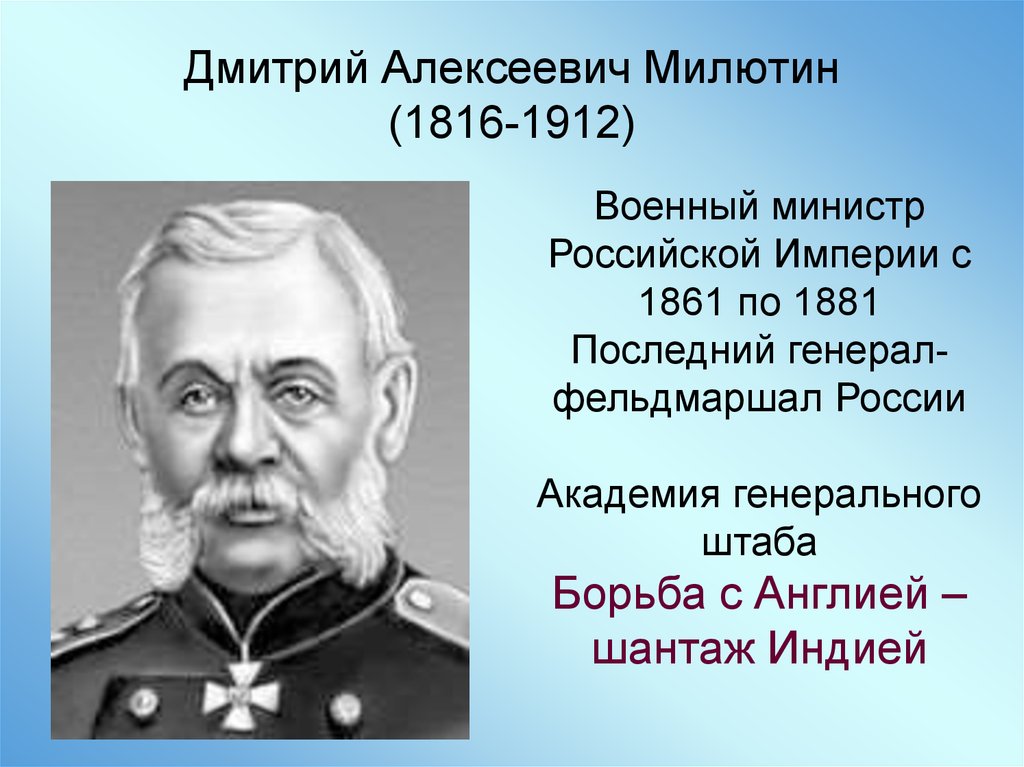 Военный министр при александре. Военный министр д.а.Милютин. Фельдмаршал Милютин.