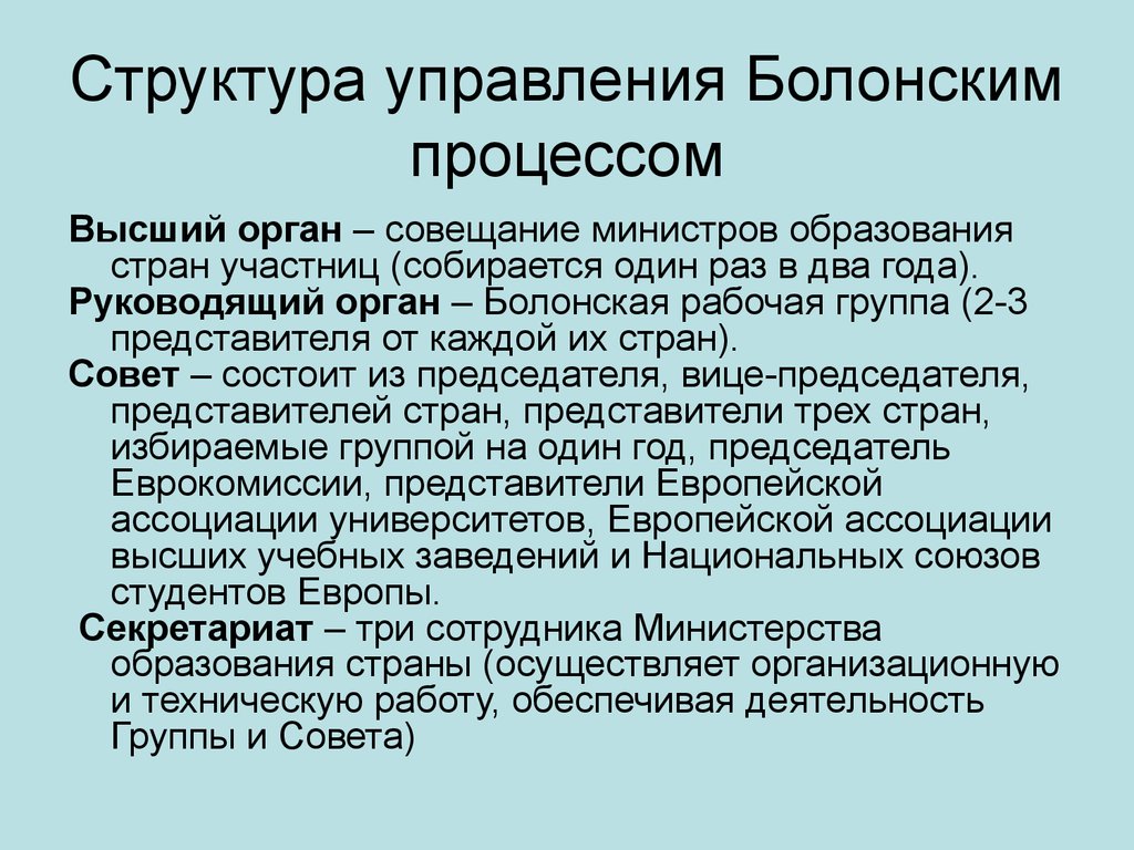 Процесс высоко. Организационная основа в Болонском процессе. Причины вступления стран в болонскую систему. Признается странами-участниками Болонского процесса. Страны не входящие в болонскую систему образования.