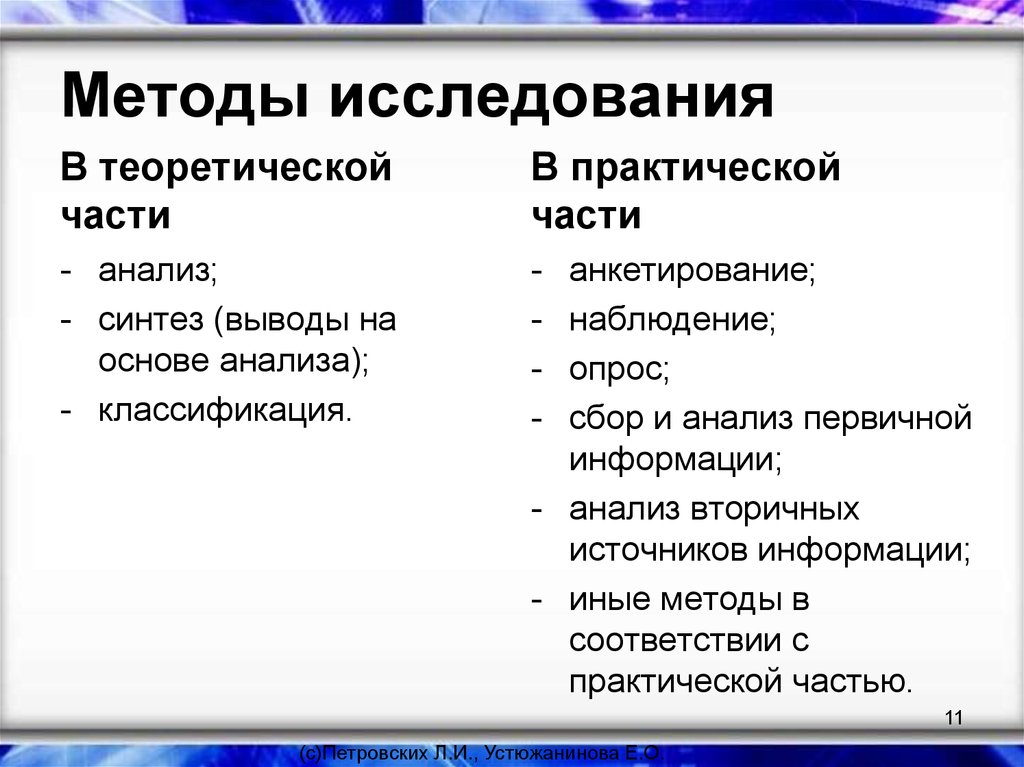 Методы исследования в работе