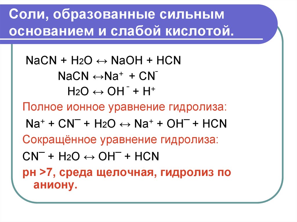 Составьте ионно молекулярные уравнения гидролиза солей. Гидролиз NAOH уравнение. Молекулярное уравнение гидролиза солей. Гидролиз соли слабого основания и сильной кислоты. Соли сильных оснований и слабых кислот реакция.