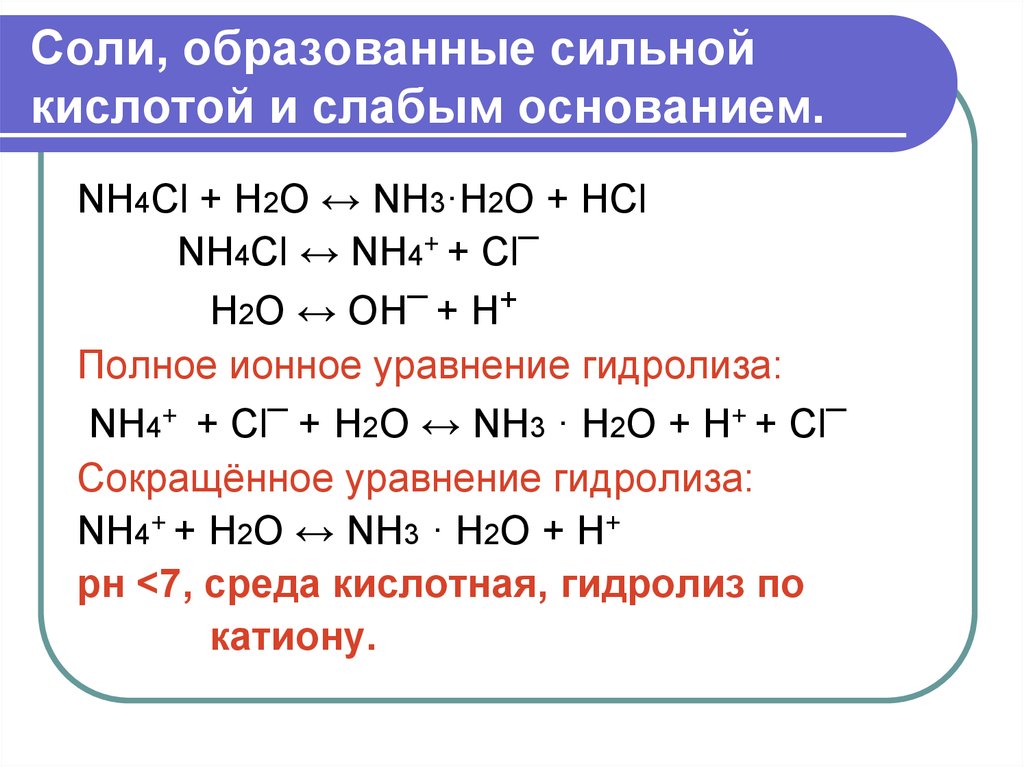 Nh4cl nh3 hcl реакция. Nh4cl+h20 гидролиз. Соль образованная сильным основанием и слабой кислотой. Сильные и слабые кислоты основания соли. Реакция гидролиза nh4cl.