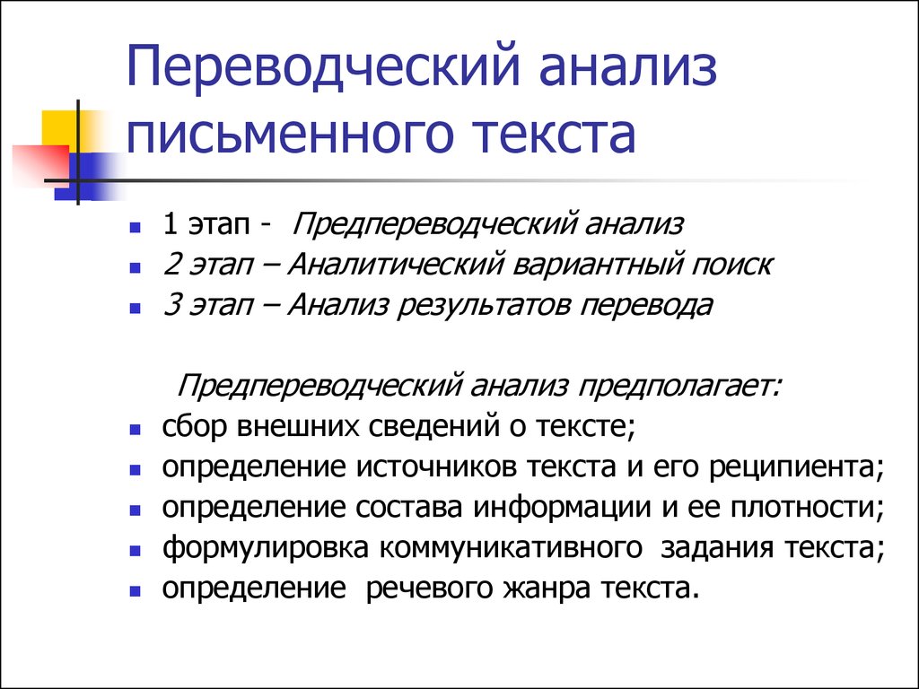 Письменный этап. Переводческий анализ письменного текста. Этапы переводческого анализа текста. Предпереводческий анализ текста. Переводческий анализ схема.