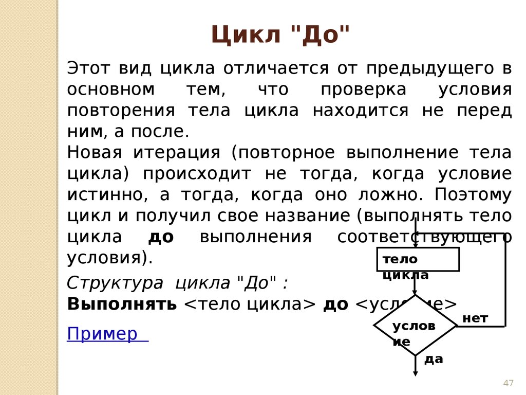 Цикл получает. Если выполнение тела цикла заканчивается когда условие.