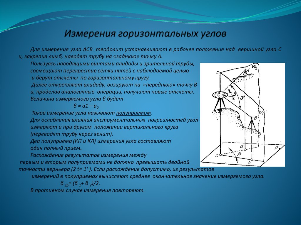 Горизонтальный угол между. Измерение горизонтальных углов теодолитом. Измерение горизонтальных и вертикальных углов теодолитом. Горизонтальный угол в геодезии в теодолите. Измерение теодолитом горизонтальных углов методом полуприемов.