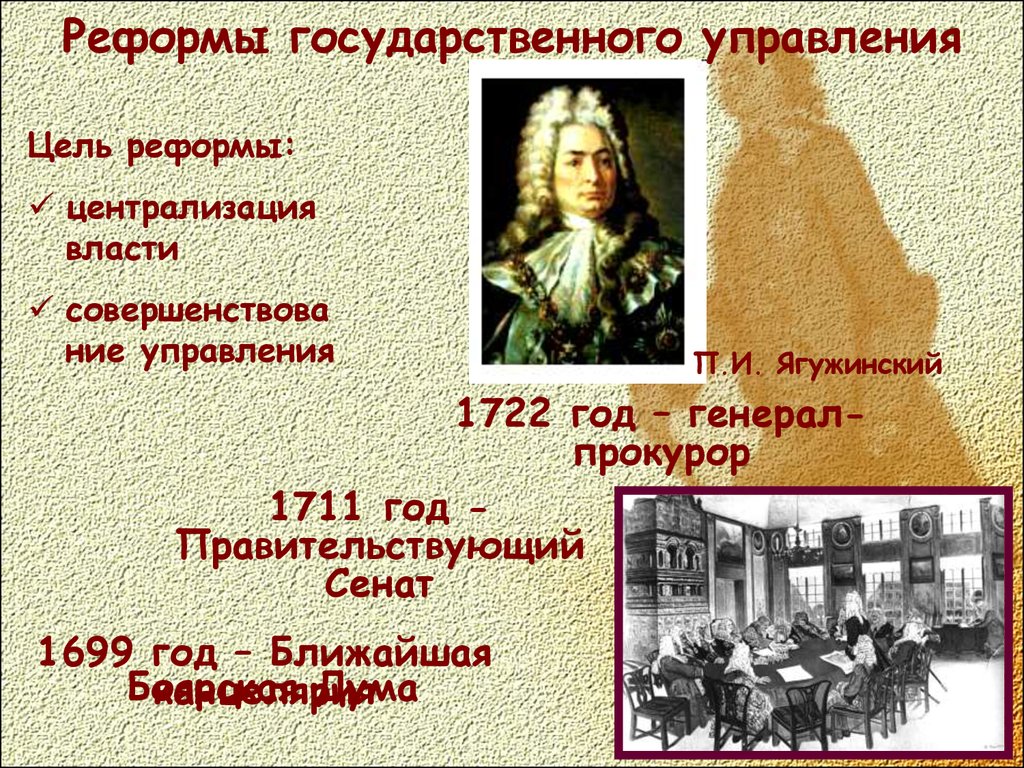 Управление петра 1 8 класс. Ягужинский 1722. Цели реформы государственного управления. Реформы Петра 1 презентация. Преобразования Петра 1 презентация.