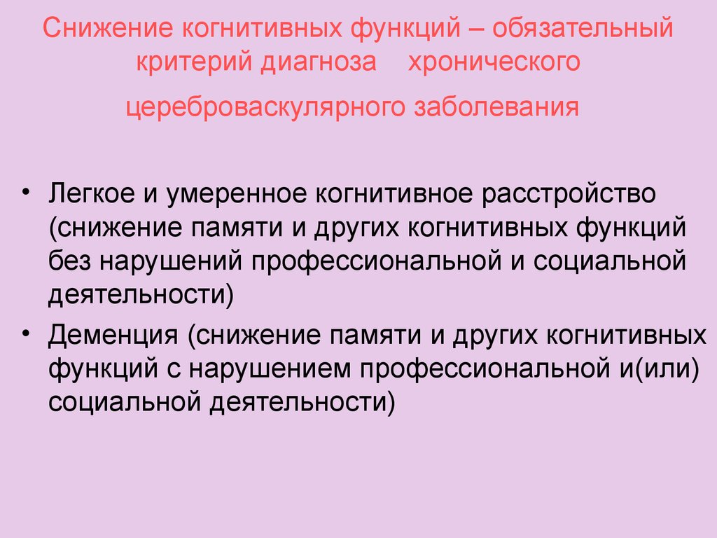 Обязательный критерий. Снижение памяти и когнитивных функций. Расстройство профессиональной деятельности. Умеренное когнитивное снижение. Легкое когнитивное снижение.