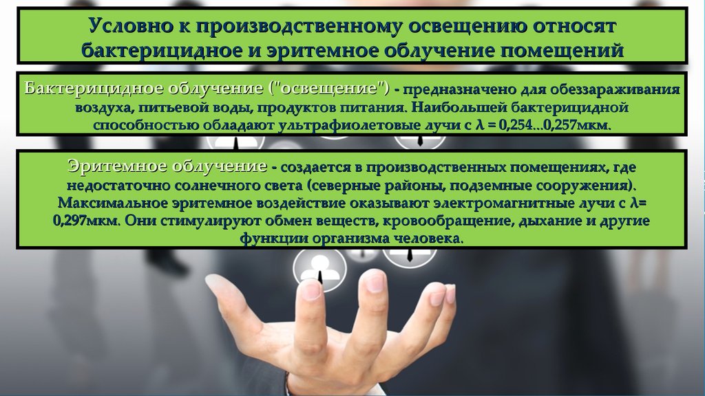 Система защиты человека. К производственному освещению относят. Эритемное облучение. Производственное освещение влияние на организм человека. Для чего предназначено эритемное облучение.