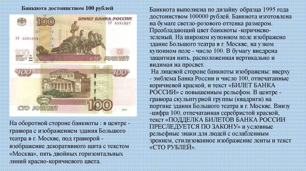 Что изображено на рублях. Описание 100 рублевой купюры. Описание СТО рублевой купюры. Купюра 100 рублей что изображено на купюре. Банкнота описание.