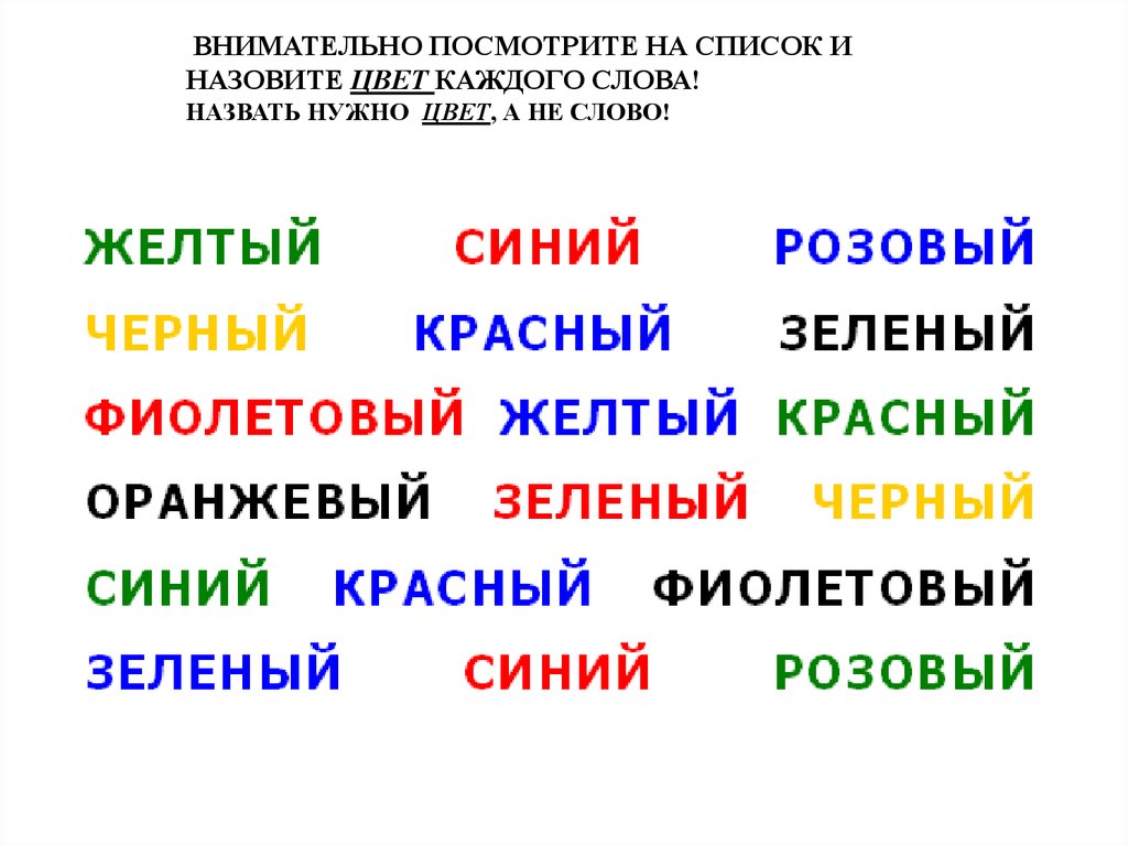 Как пишется слово разноцветные. Тест струпа. Тест цветные слова. Назови цвет. Цветовой тест струпа.