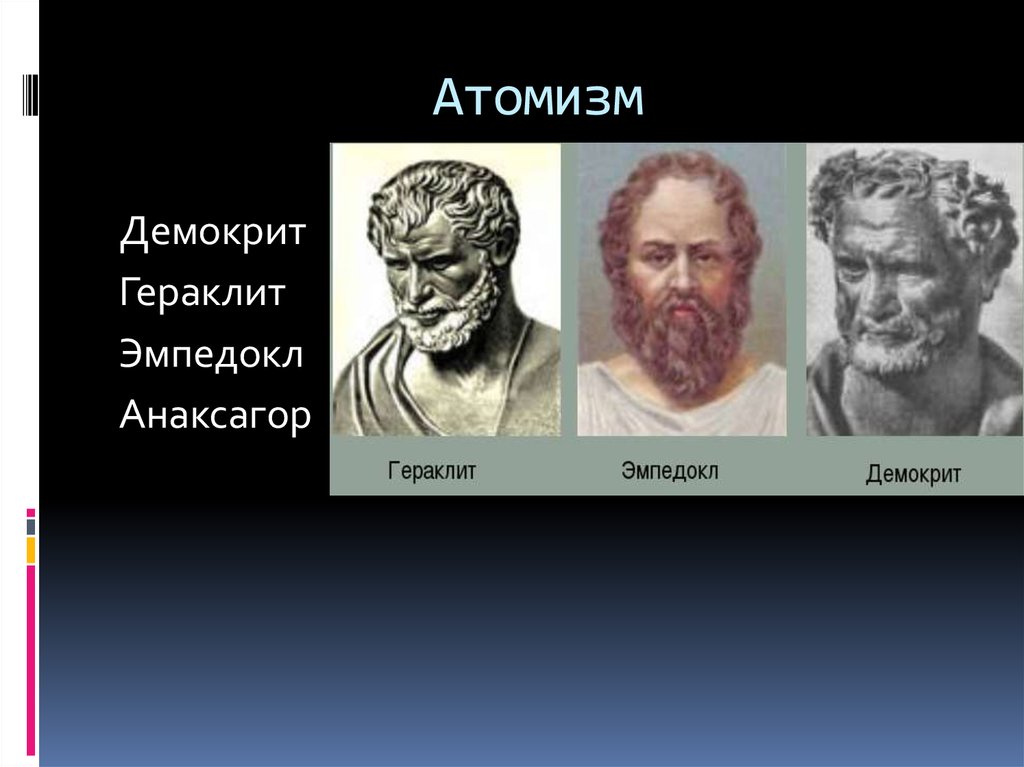 Школа атомизма. Атомизм Демокрита. Философы АТОМИСТЫ. Представители школы Демокрита. Гераклит Эмпедокл Демокрит.