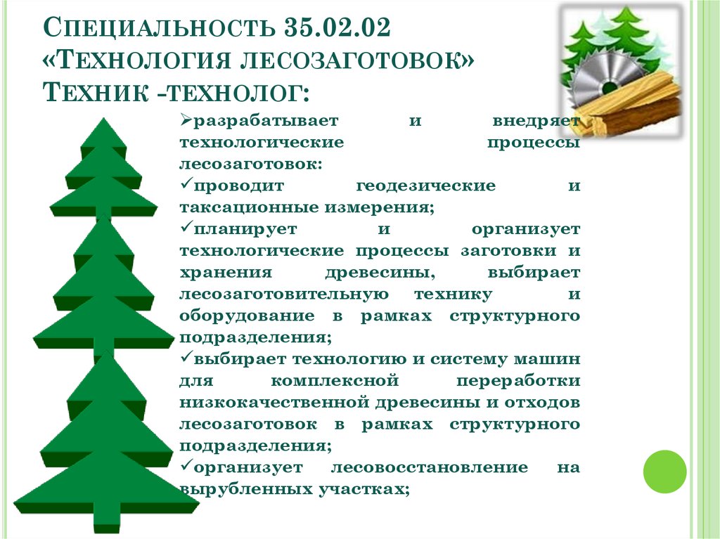 Специальность 35.02.02 «Технология лесозаготовок» Техник -технолог: