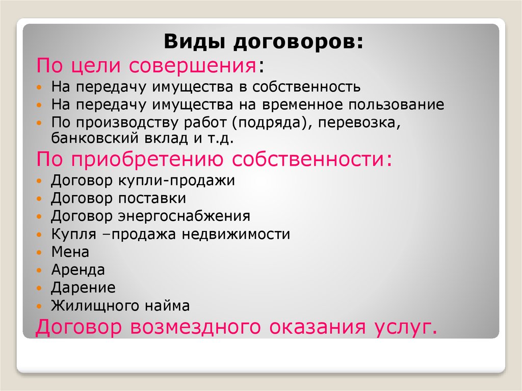 Договор какое право. Виды договоров.