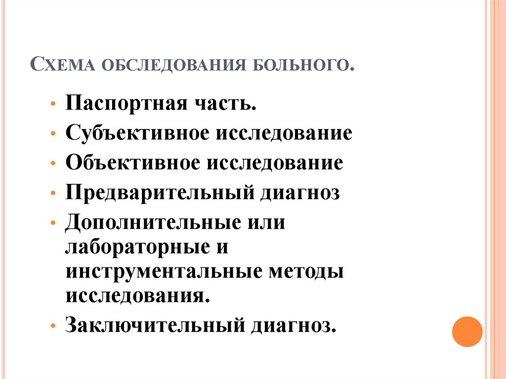 Субъективное исследования. Схема обследования больного пропедевтика. Субъективное исследование. Объективное исследование схема. Субъективная часть осмотра больного.