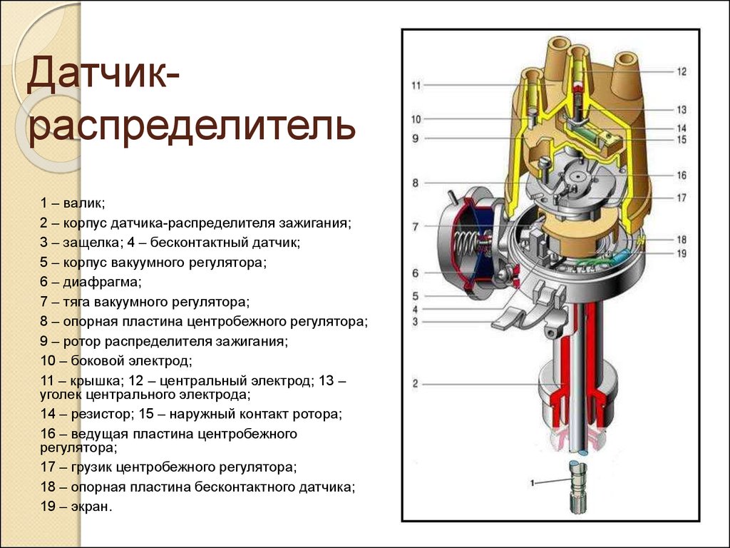 Какие есть зажигания. Устройство датчика распределителя прерывателя. Датчик-распределитель зажигания схема. Датчик распределитель бесконтактной системы зажигания. Устройство датчика распределителя бесконтактной системы зажигания.