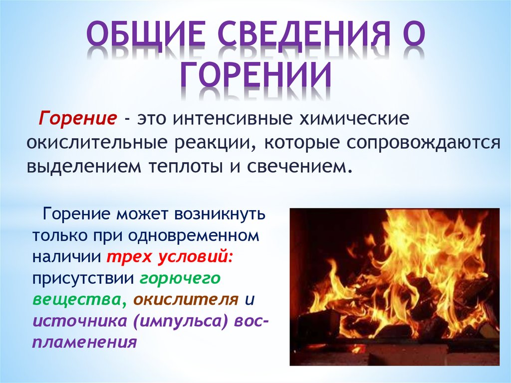 Явление реакции горения. Общие сведения о горении. Понятие горение. Основные понятия о горении. Процесс горения.